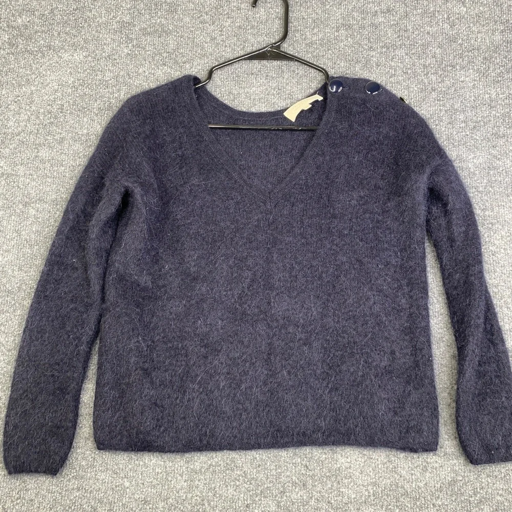 Sezane La Maille Navy Blue Mohair Alpaca V-Neck Button Shoulder Sweater XS